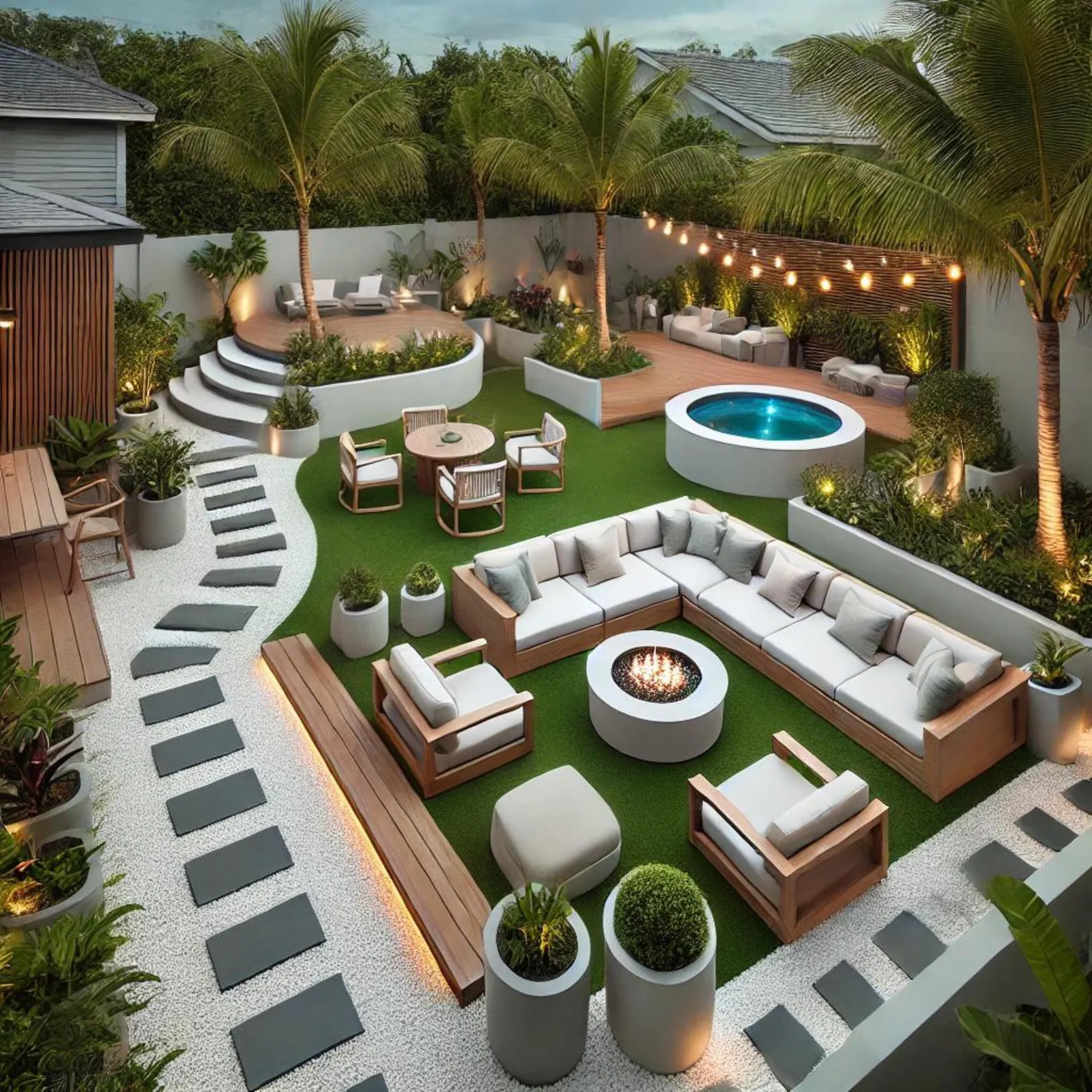 A shaded Arizona backyard oasis with palm trees, fire pit and string lights